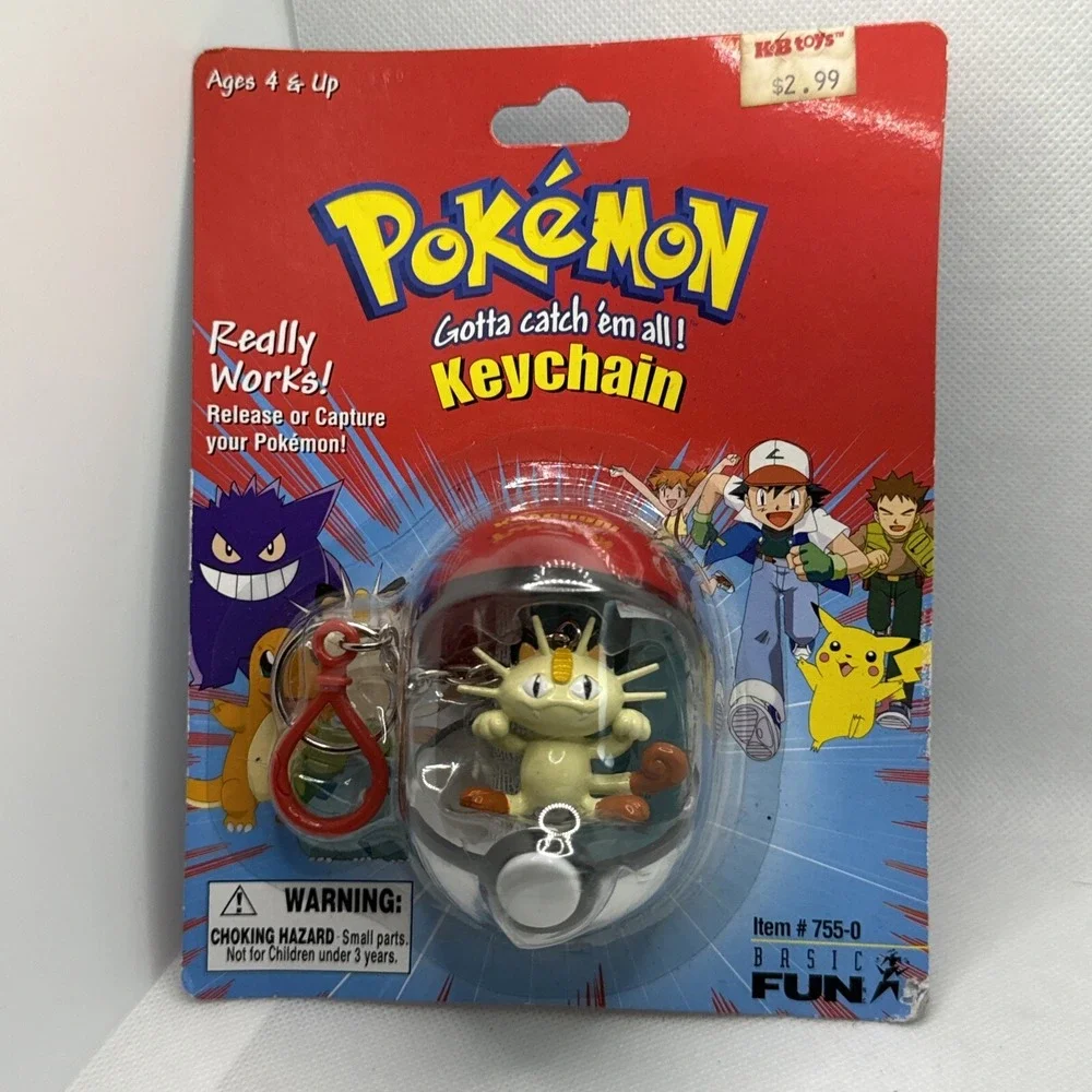 Pokemon Vintage Meowth Pokeball Keychain New 1999 Basic Fun 755-0 #52